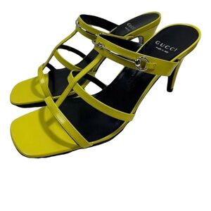 Gucci Women's Yellow Strappy Horsebit Heels, Sz 37 1/2